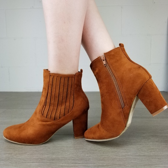 Vegan Suede Tan Bock Heel Ankle Bootie - Picture 5 of 8